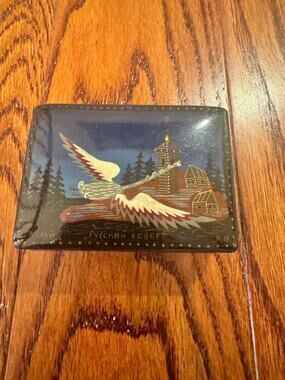 Russian Lacquered Black Trinket Box Artist Signed Crane Loon Bird Flying Forest
